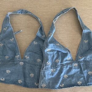 Denim Embroidered Halter Crop Top - Blue